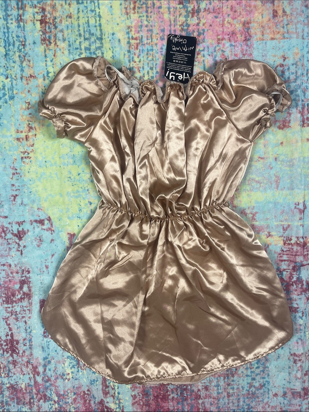 omighty Champagne Satin Puff-Sleeve Dress